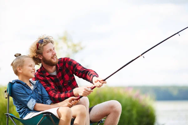 Two Friendly Guys Pulling Rod While Fishing Summer Weekend Natural — Stock Photo, Image