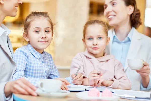 Two Little Girls Looking Camera While Sitting Table Cafe Business — Stock Photo, Image