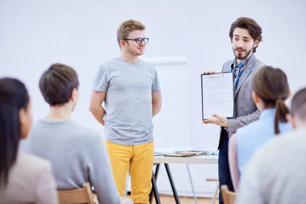 Two Young Confident Businessmen Presenting Financial Project Audience Conference — Stock Photo, Image