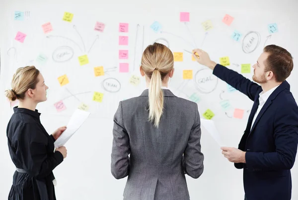 Två Affärskvinnor Tittar Whiteboard Medan Deras Kollega Förklara Systematiken Lagarbete — Stockfoto