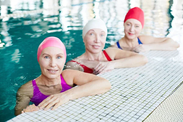 Group Mature Women Swimwear Sitting Swimming Pool Looking You — Stock Photo, Image