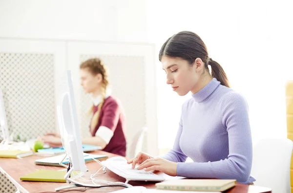 Serious Young Programmer Typing Computer Keypad While Sitting Front Monitor — Stock Photo, Image