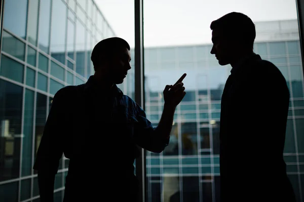 Silhouettes Deux Jeunes Hommes Discutant Points Travail Par Une Grande — Photo