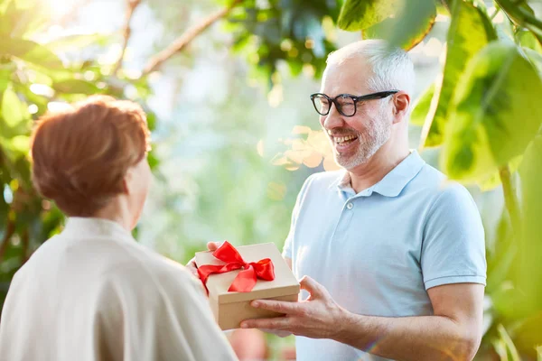 Glücklicher Senior Überreicht Seiner Frau Schachtel Mit Geschenk Zum Hochzeitstag — Stockfoto