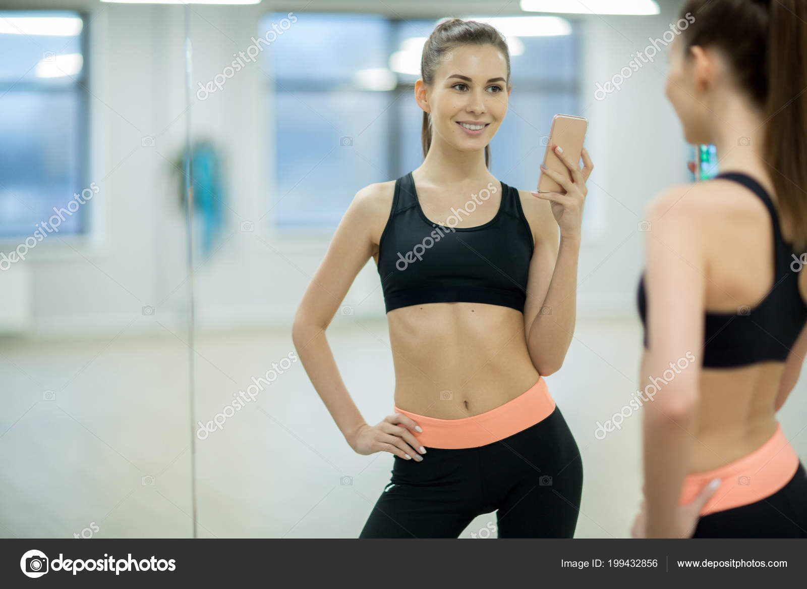 Fit Healthy Girl Activewear Making Selfie Front Mirror Break