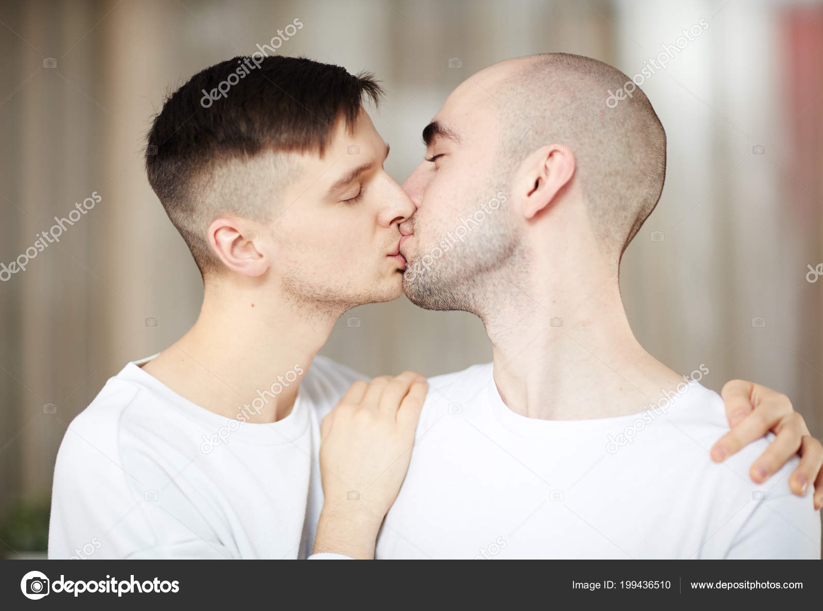 Two Young Gay Lovers Sharing Good Morning Kiss Home Stock Photo C Pressmaster