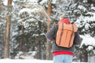 Kış ormanda kar yağışı sırasında hareket sırt çantası ile genç backpacker arkadan görünüm