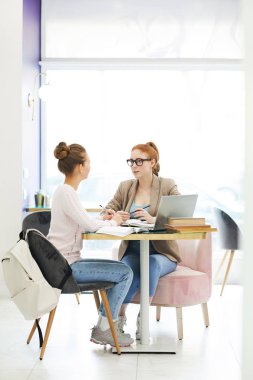 Kafede otururken, fikirleri tartışmak ve notlar not defterlerinde yapma gündelik giysiler içinde iki genç öğrenciler