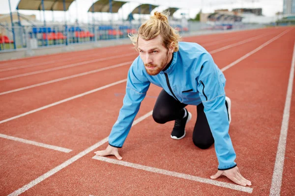 Young Determined Man Sportswear Standing Start Line Race Track — Stock Photo, Image