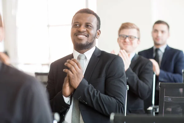 Row Businessmen Clapping Hands While Congratulating Speaker Success Presentation — Stock Photo, Image