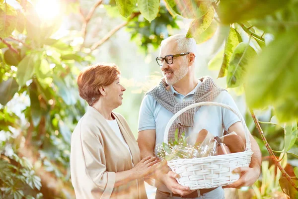 Affectionate senior couple having talk while going for picnic with basket full of provision