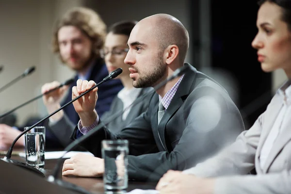 One Young Speakers Talking Microphone Business Political Conference Colleagues — Stock Photo, Image