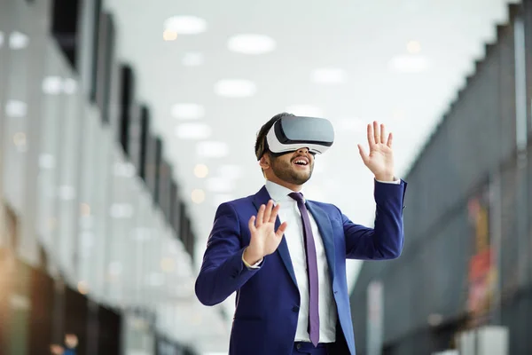 Happy Young Politics Businessman Headset Expressing Awe While Watching Conference — Stock Photo, Image