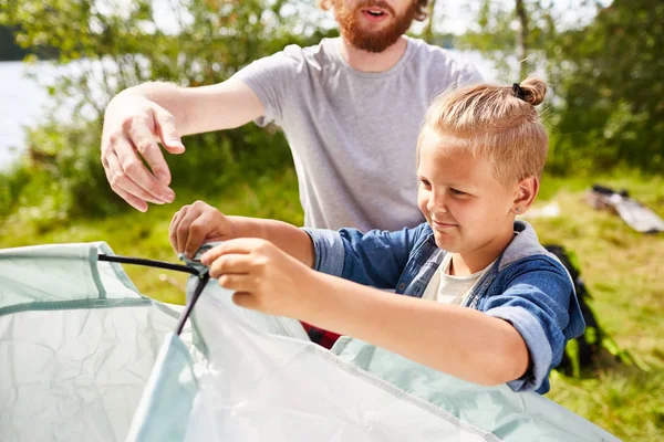 Two Boy Scouts Making Tent Living Natural Environment Backpack Trip — Stock Photo, Image