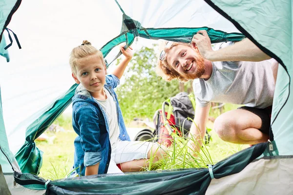 Happy Boy Scouts Looking Camera While Entering Tent Tot Have — Stock Photo, Image