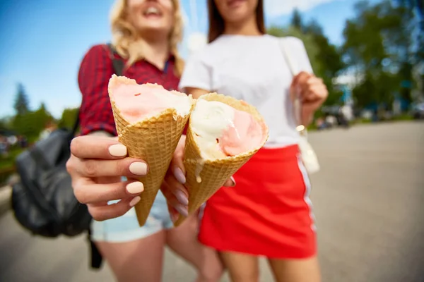 Melting Icecreams Waffle Cones Held Two Friendly Girls Walk Theme — Stock Photo, Image