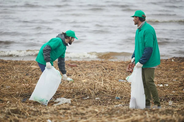 Dwóch Młodych Greenpeacers Duży Miot Worki Czyszczenia Nad Terytorium — Zdjęcie stockowe