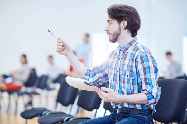 Young Businessman Document Attracting Attention Data While Sitting Conference Hall — Stock Photo, Image