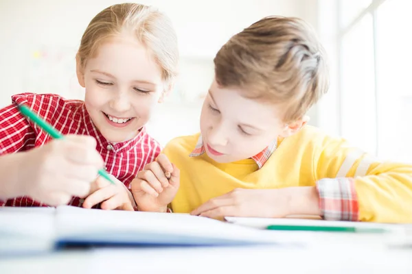 Two Cute Youngsters Crayons Looking Funny Drawing Copybook — Stock Photo, Image