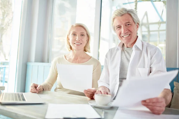 Smiling Businessman His Pretty Colleague Papers Having Meeting Cafe — Stock Photo, Image