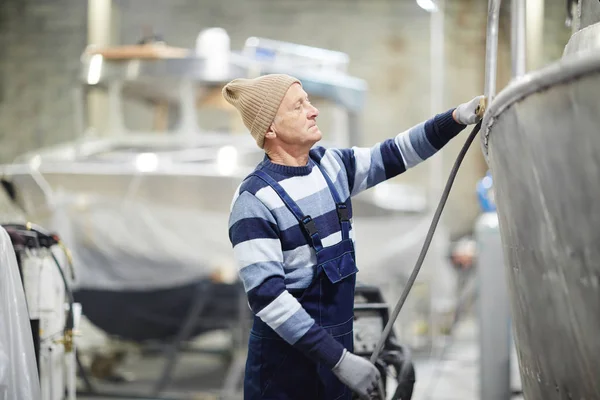 Ingegnere Maturo Guanti Abbigliamento Lavoro Misura Altezza Della Barca Sul — Foto Stock