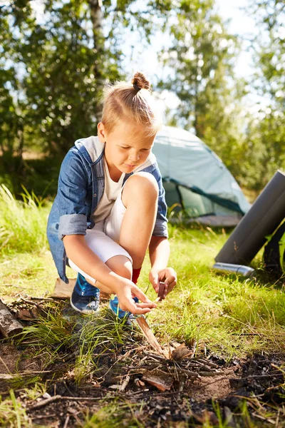 Young Boy Matches Making Campfire While Having Rest Natural Environment — Stock Photo, Image