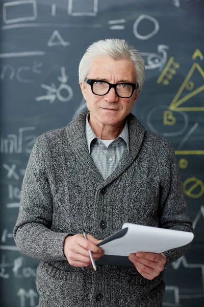 Confident Grey Haired Teacher Eyeglasses Smart Casualwear Looking Camera Blackboard — Stock Photo, Image