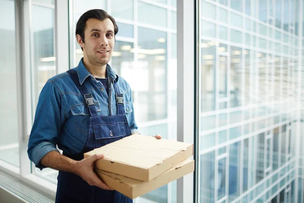 Staff Pizza Delivery Service Two Food Packs Standing Window Contemporary — Stock Photo, Image