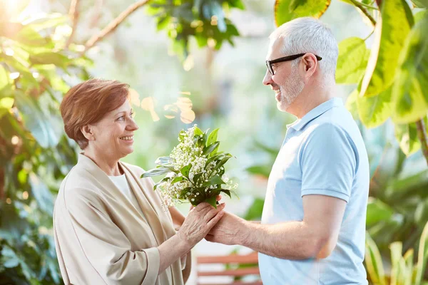 Gelukkig Senior Vrouw Nemen Bos Witte Bloemen Van Haar Echtgenoot — Stockfoto