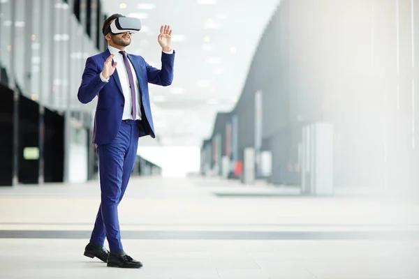 Businessman Elegant Blue Suit Headset Taking Part Virtual Conference While — Stock Photo, Image