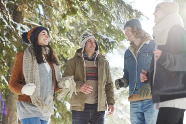 Mutlu gençlerin bir grup güzel kış ormanda yürüyüş sırasında sohbet ve tatil zevk