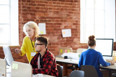 Olgun kendinden emin kadın bilgisayar ekranına işaret ederken genç meslektaşı bazı organizasyon anları açıklayan