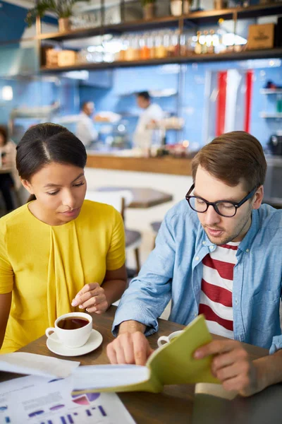 同僚にカフェでの会議でのデータを説明しながら 若い経済学者は本のページを指している — ストック写真