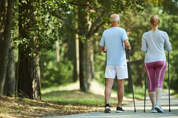 Vista Posteriore Coppia Pensionati Activewear Trekking Nella Giornata Estiva Ambiente — Foto Stock