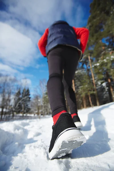 Back View Sportswoman Running Snowdrift Winter Forest Park — Stock Photo, Image