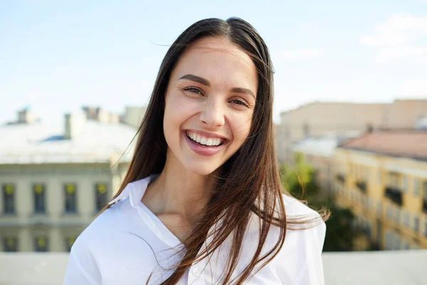 Cheerful Excited Pretty Lady Hair Blown Wind Laughing Looking Camera — Stock Photo, Image