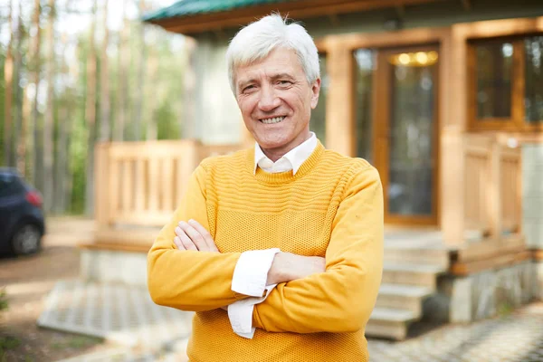 Mature Man Grey Hair Crossing His Arms Chest While Standing — Stock Photo, Image