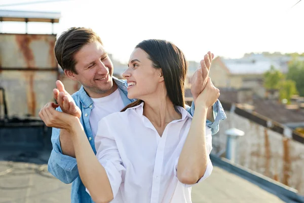 Positive Handsome Young Man Opening Eyes Girlfriend Looking Her While — Stock Photo, Image