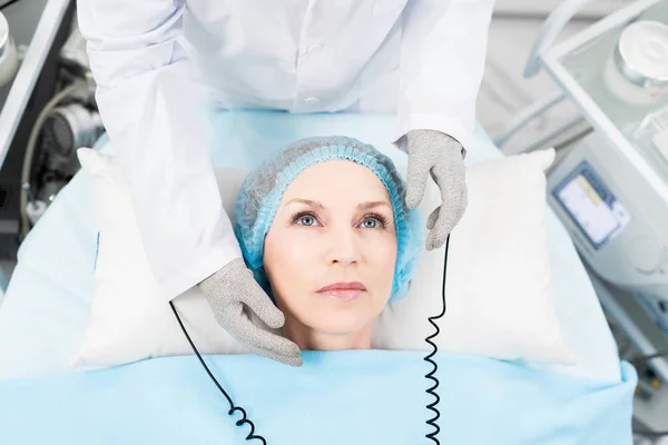 Cosmetician Special Gloves Made Rough Material Doing Facial Massage Client — Stock Photo, Image