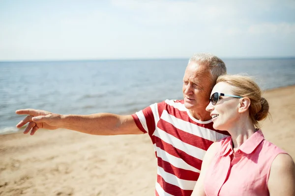 老人指着向前 一边向妻子展示海滩上的一些遥远的东西 — 图库照片