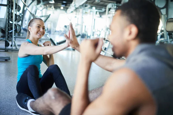 Happy Young Sportswoman Giving High Five Her Coach Mate While — Stock Photo, Image