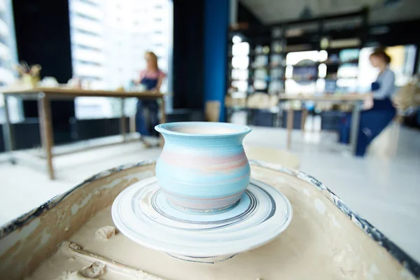 New Creative Clay Jug Painted Blue Stripes Rotating Pottery Wheel — Stock Photo, Image