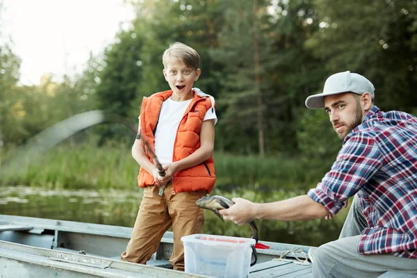 Amazed Boy Looking Bending Rod While Big Fish Appearing Water — Stock Photo, Image