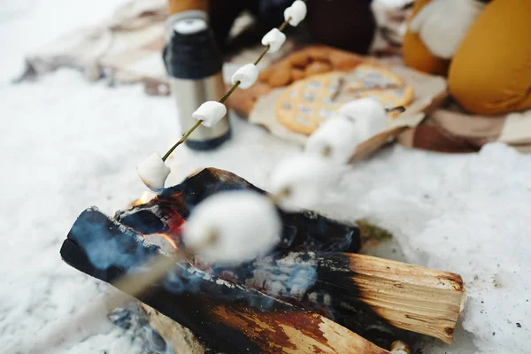 Close Van Persoon Vasthouden Met Marshmallows Braden Het Vuur Winter — Stockfoto