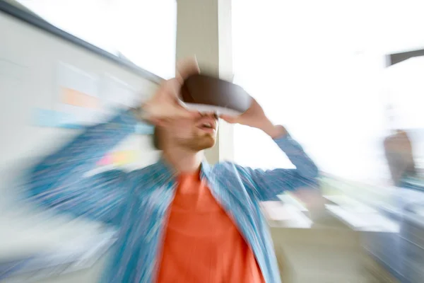 Shocked Student Boy Learning Incredible Virtual World Simulator Adjusting Virtual — Stock Photo, Image