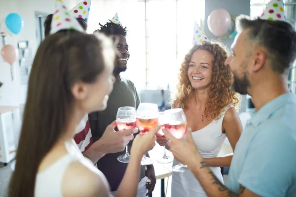 Happy Young Intercultural Friends Toasting Homemade Drinks Birthday Party — Stock Photo, Image