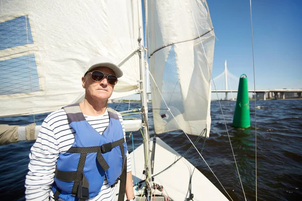 Serious Confident Experienced Mature Sailor Sunglasses Cap Wearing Life Jacket — Stock Photo, Image