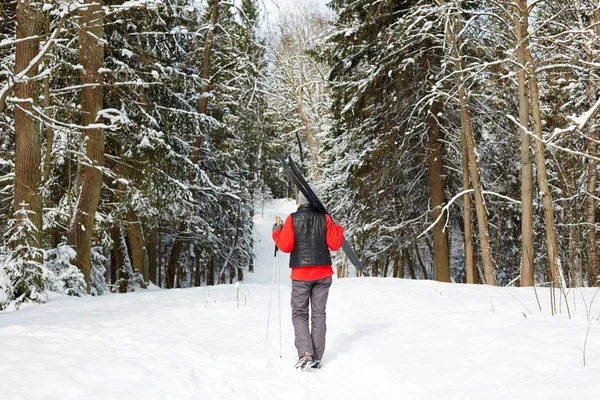 冬のスポーツ ウエア スキー実習に行っている間森の中に移動でアクティブな女性の後姿 — ストック写真