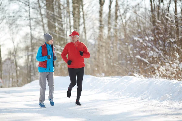 Casal Sênior Ativo Sportswear Correndo Estrada Neve Floresta Inverno Manhã — Fotografia de Stock