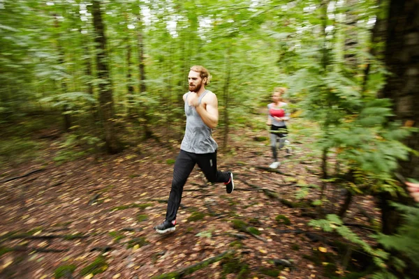 在夏天的早晨 年轻的运动情侣在绿树之间的森林中奔跑的模糊运动 — 图库照片